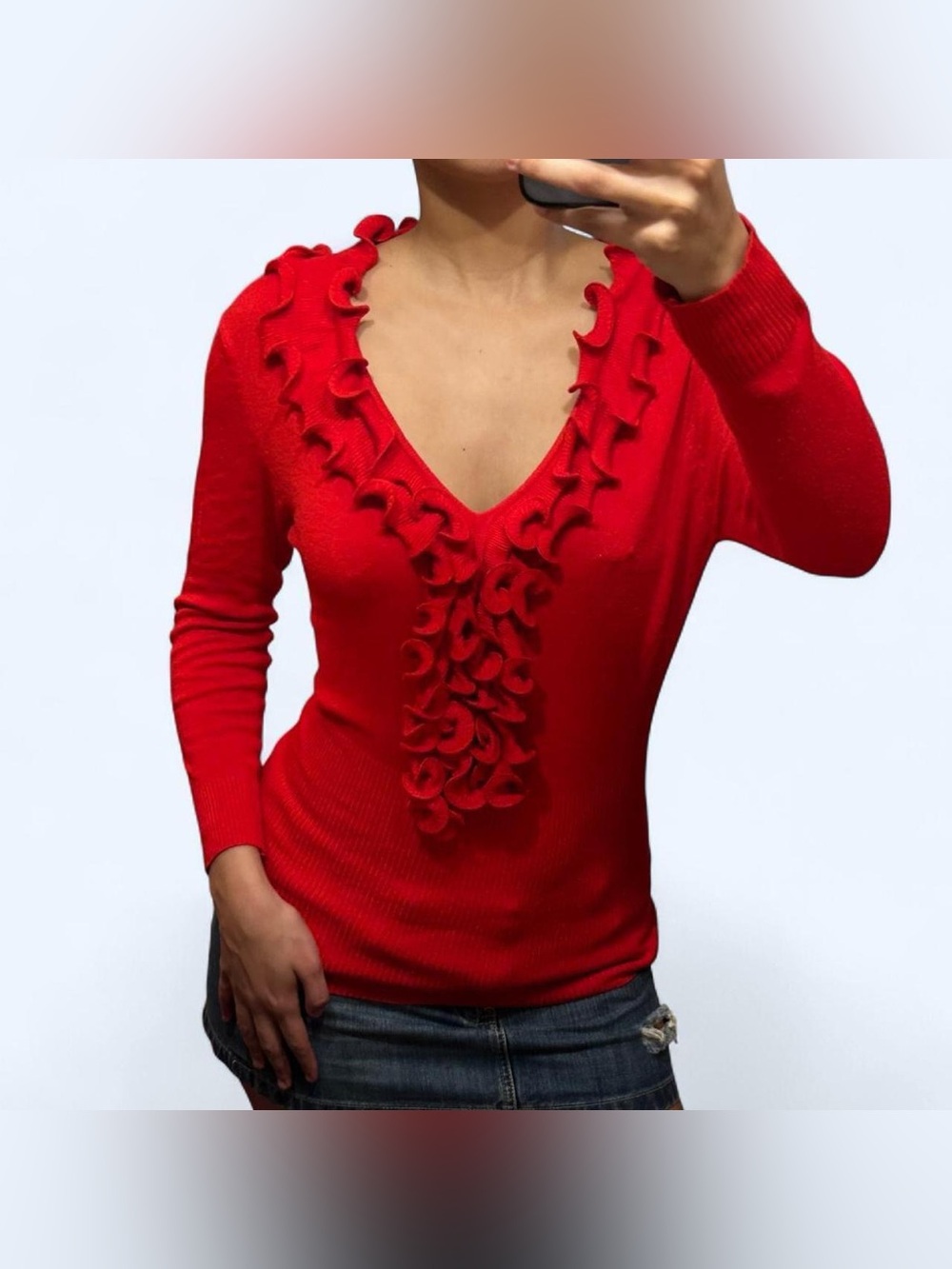 Y2K Red Ruffle Sweater Top by Vila Milano! - Picture 3 of 7